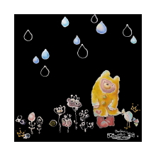チョークアート作品・Rainy Day is not bad ～Hydrangea and yellow raincoat